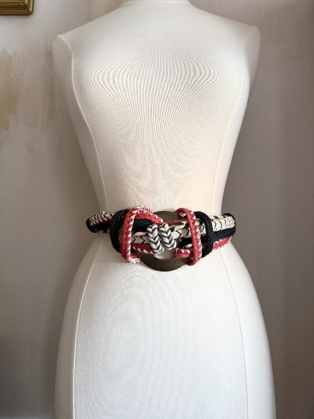 Vintage Boho Braided Rope Waist Belt | Wood Ring Knot Statement Belt